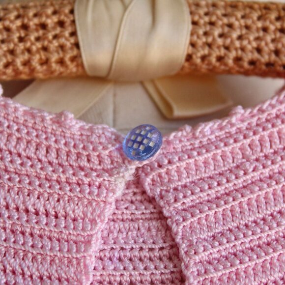 Vintage Baby Dress, Pink Little Girls Frock, Crochet - Picture 6 of 10